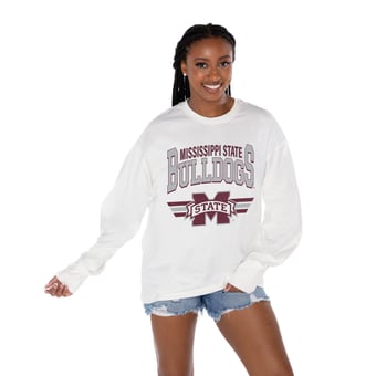Women's Gameday Couture White Mississippi State Bulldogs Oversized Swift Strike Long Sleeve T-Shirt