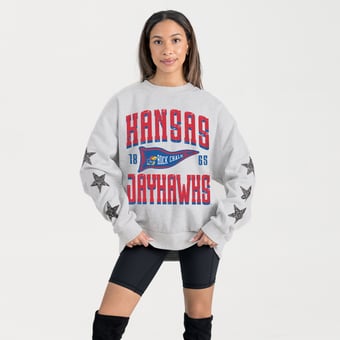 Women's Gameday Couture Ash Kansas Jayhawks Oversized Pennant Pride Rhinestone Star Sleeve Sweatshirt