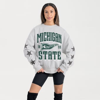 Women's Gameday Couture Ash Michigan State Spartans Oversized Pennant Pride Rhinestone Star Sleeve Sweatshirt