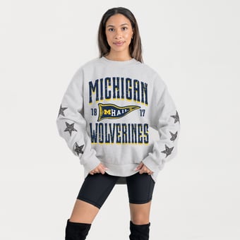 Women's Gameday Couture Ash Michigan Wolverines Oversized Pennant Pride Rhinestone Star Sleeve Sweatshirt