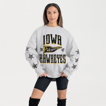 Women's Gameday Couture Ash Iowa Hawkeyes Oversized Pennant Pride Rhinestone Star Sleeve Sweatshirt