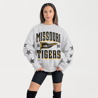 Women's Gameday Couture Ash Missouri Tigers Oversized Pennant Pride Rhinestone Star Sleeve Sweatshirt