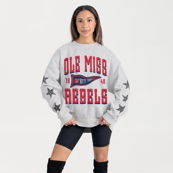 Women's Gameday Couture Ash Ole Miss Rebels Oversized Pennant Pride Rhinestone Star Sleeve Sweatshirt