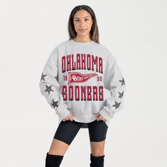 Women's Gameday Couture Ash Oklahoma Sooners Oversized Pennant Pride Rhinestone Star Sleeve Sweatshirt