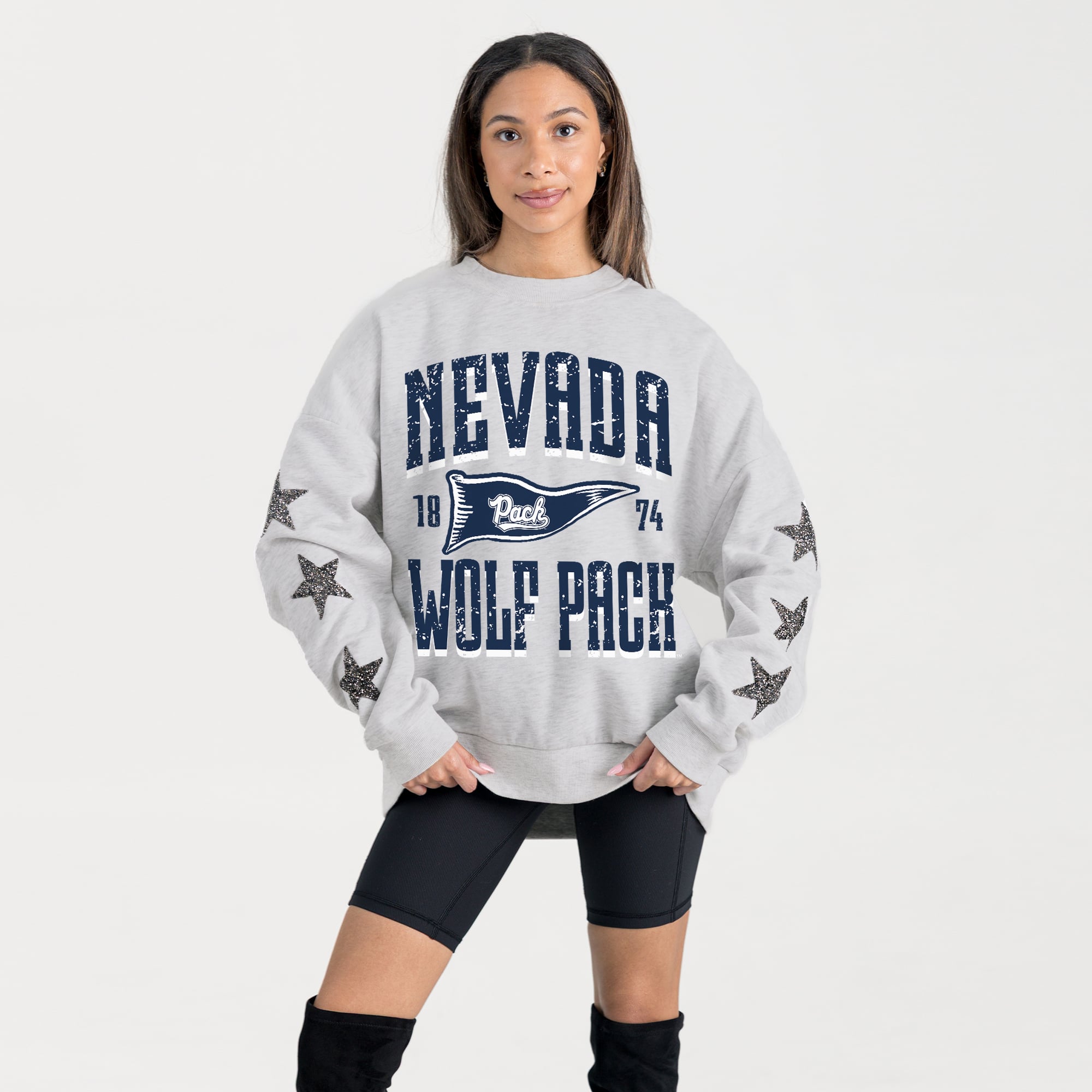 Women's Gameday Couture Ash Nevada Wolf Pack Oversized Pennant Pride Rhinestone Star Sleeve Sweatshirt