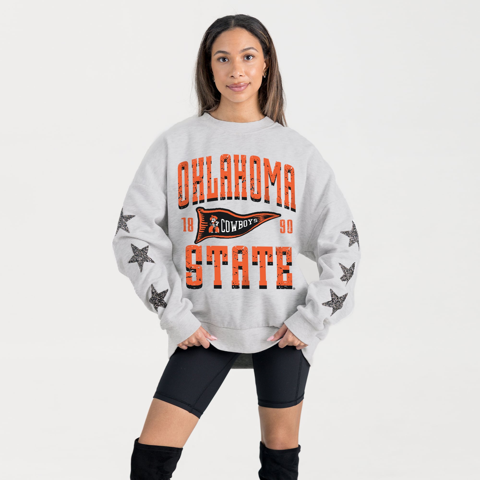 Women's Gameday Couture Ash Oklahoma State Cowboys Oversized Pennant Pride Rhinestone Star Sleeve Sweatshirt