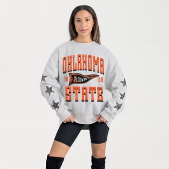 Women's Gameday Couture Ash Oklahoma State Cowboys Oversized Pennant Pride Rhinestone Star Sleeve Sweatshirt