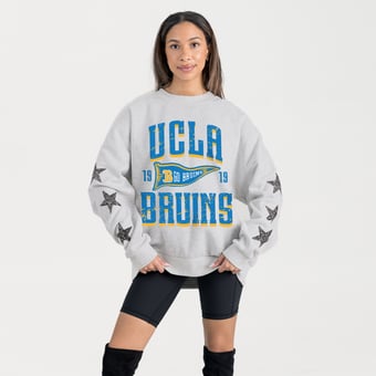 Women's Gameday Couture Ash UCLA Bruins Oversized Pennant Pride Rhinestone Star Sleeve Sweatshirt