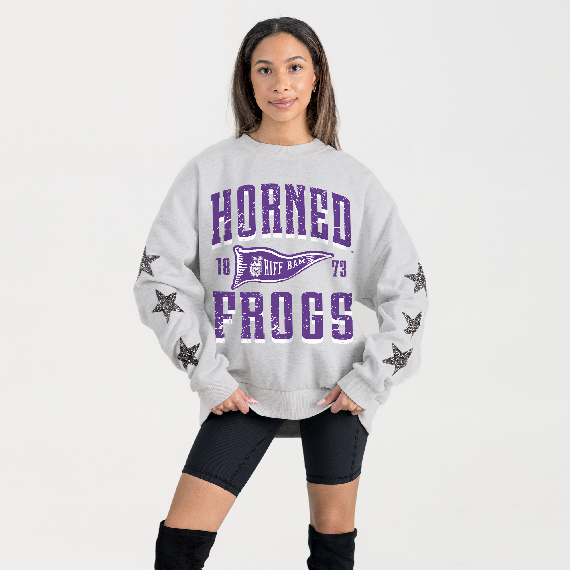 Women’s Gameday Couture Ash TCU Horned Frogs Oversized Pennant Pride Rhinestone Star Sleeve Sweatshirt Women’s Gameday Couture Ash TCU Horned Frogs Oversized Pennant Pride Rhinestone Star Sleeve Sweatshirt