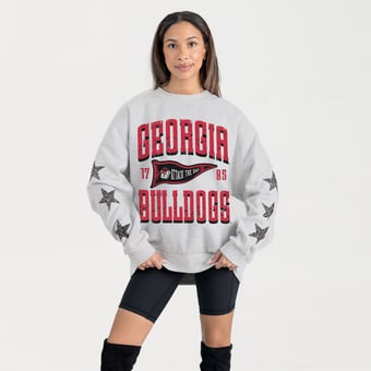 Women's Gameday Couture Ash Georgia Bulldogs Oversized Pennant Pride Rhinestone Star Sleeve Sweatshirt