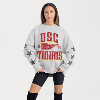 Women's Gameday Couture Ash USC Trojans Oversized Pennant Pride Rhinestone Star Sleeve Sweatshirt