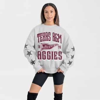 Women's Gameday Couture Ash Texas A&M Aggies Oversized Pennant Pride Rhinestone Star Sleeve Sweatshirt
