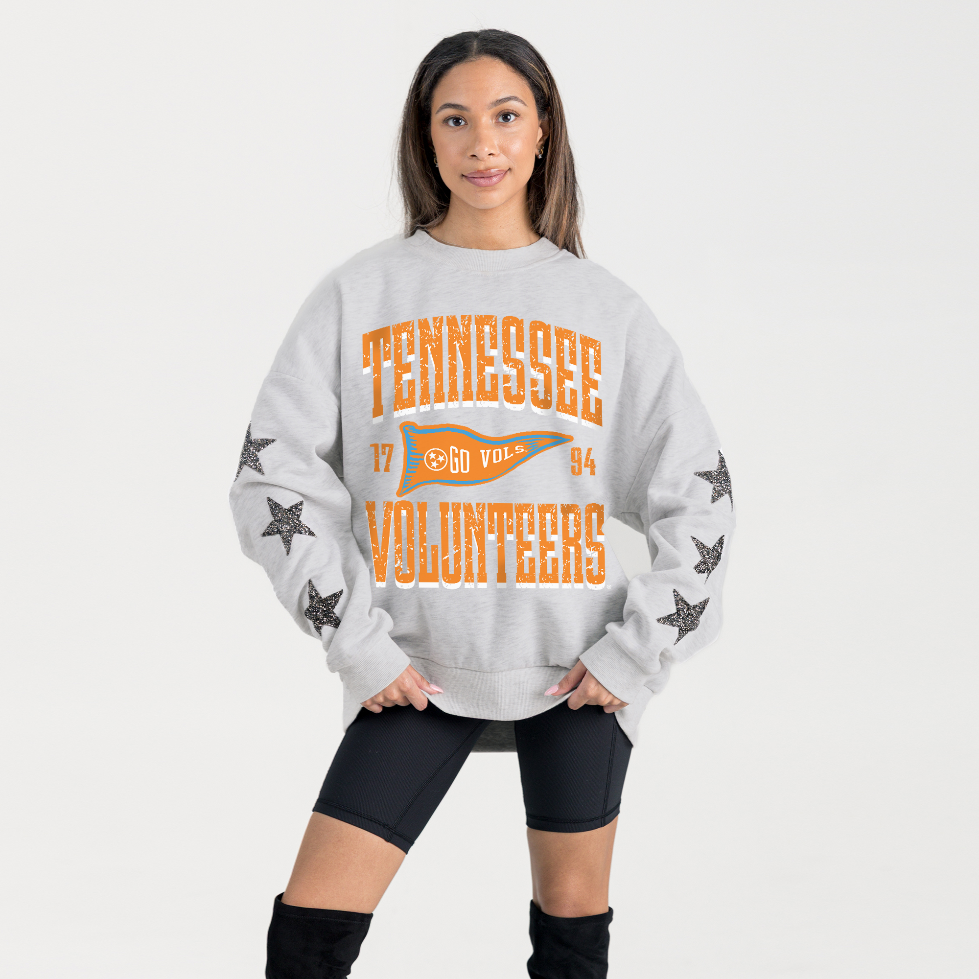 Women’s Gameday Couture Ash Tennessee Volunteers Oversized Pennant Pride Rhinestone Star Sleeve Sweatshirt