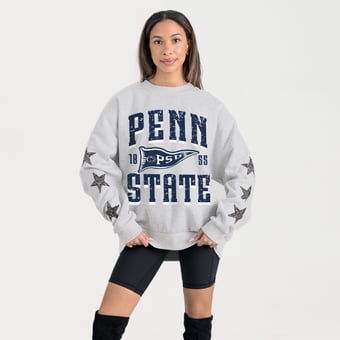 Women's Gameday Couture Ash Penn State Nittany Lions Oversized Pennant Pride Rhinestone Star Sleeve Sweatshirt