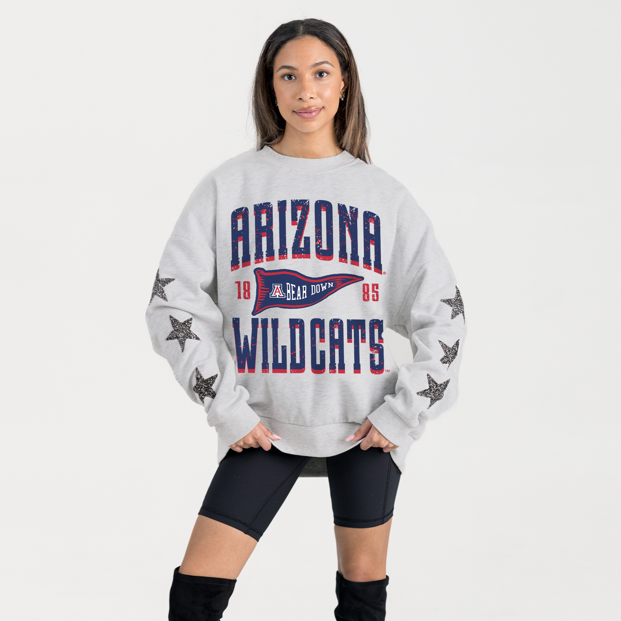 Women's Gameday Couture Ash Arizona Wildcats Oversized Pennant Pride Rhinestone Star Sleeve Sweatshirt
