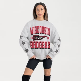 Women's Gameday Couture Ash Wisconsin Badgers Oversized Pennant Pride Rhinestone Star Sleeve Sweatshirt