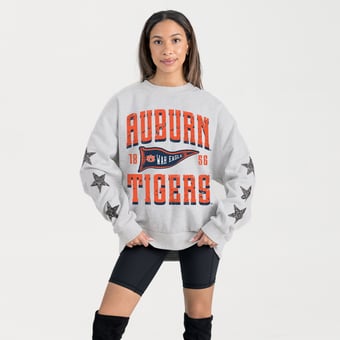 Women's Gameday Couture Ash Auburn Tigers Oversized Pennant Pride Rhinestone Star Sleeve Sweatshirt