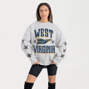 Women's Gameday Couture Ash West Virginia Mountaineers Oversized Pennant Pride Rhinestone Star Sleeve Sweatshirt
