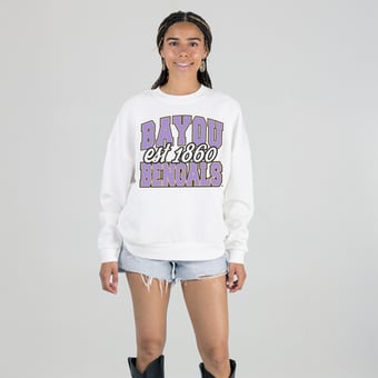Women's Gameday Couture White LSU Tigers Oversized Faded Formation Premium Fleece Sweatshirt