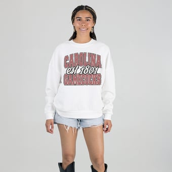 Women's Gameday Couture White South Carolina Gamecocks Oversized Faded Formation Premium Fleece Sweatshirt