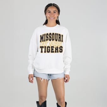 Women's Gameday Couture White Missouri Tigers Oversized Faded Formation Premium Fleece Sweatshirt