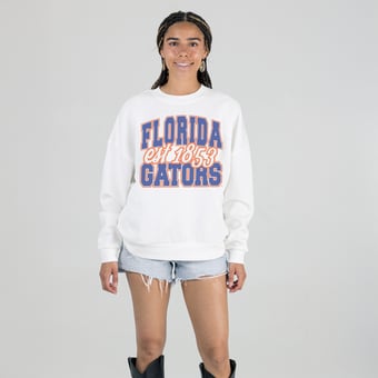 Women's Gameday Couture White Florida Gators Oversized Faded Formation Premium Fleece Sweatshirt