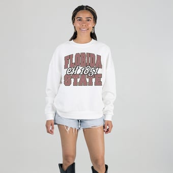 Women's Gameday Couture White Florida State Seminoles Oversized Faded Formation Premium Fleece Sweatshirt