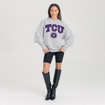 Women's Gameday Couture Ash TCU Horned Frogs Oversized Tradition Refined Premium Fleece Sweatshirt