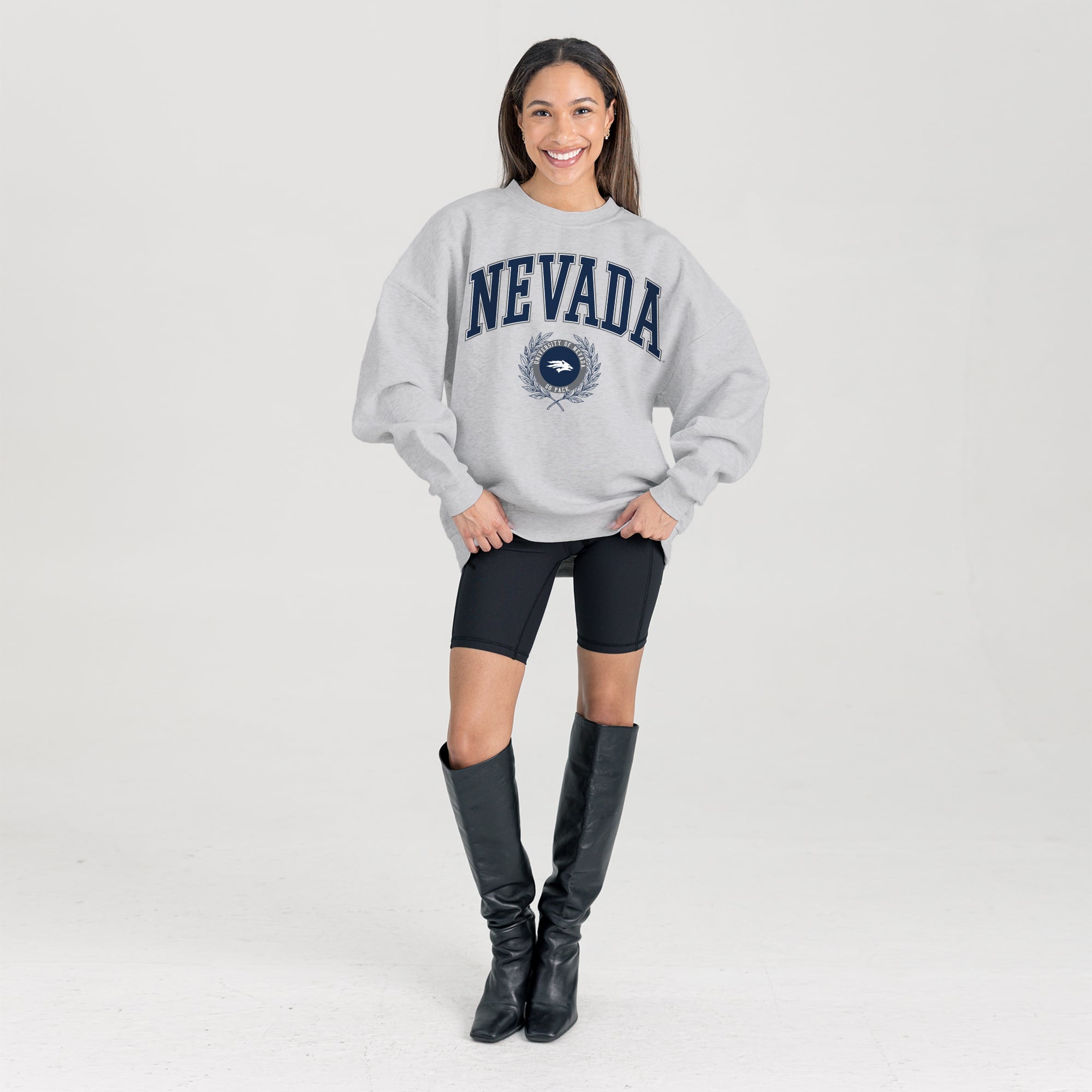 Women's Gameday Couture Ash Nevada Wolf Pack Oversized Tradition Refined Premium Fleece Sweatshirt