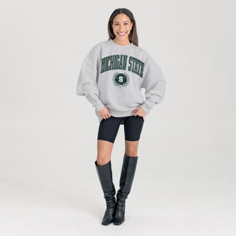 Women's Gameday Couture Ash Michigan State Spartans Oversized Tradition Refined Premium Fleece Sweatshirt