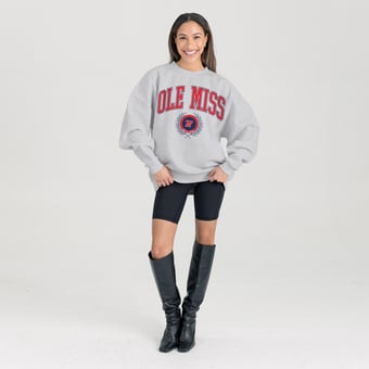 Women's Gameday Couture Ash Ole Miss Rebels Oversized Tradition Refined Premium Fleece Sweatshirt