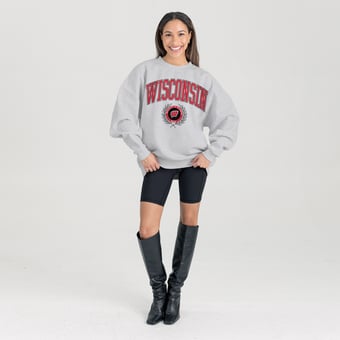 Women's Gameday Couture Ash Wisconsin Badgers Oversized Tradition Refined Premium Fleece Sweatshirt