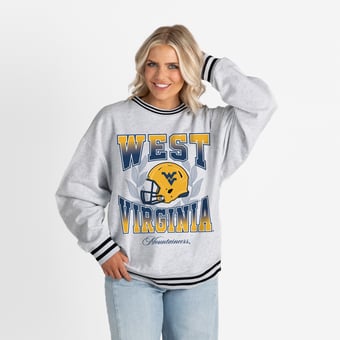 Women's Gameday Couture Ash West Virginia Mountaineers Oversized Fade Route Ringer Stripe Sweatshirt