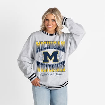 Women's Gameday Couture Ash Michigan Wolverines Oversized Fade Route Ringer Stripe Sweatshirt