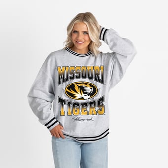 Women's Gameday Couture Ash Missouri Tigers Oversized Fade Route Ringer Stripe Sweatshirt