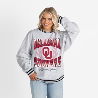 Women's Gameday Couture Ash Oklahoma Sooners Oversized Fade Route Ringer Stripe Sweatshirt
