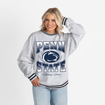 Women's Gameday Couture Ash Penn State Nittany Lions Oversized Fade Route Ringer Stripe Sweatshirt