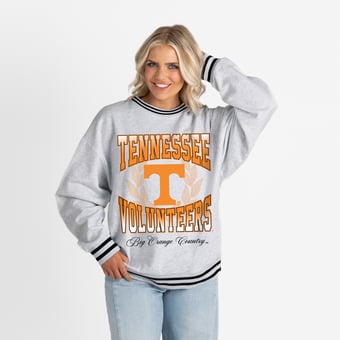 Women's Gameday Couture Ash Tennessee Volunteers Oversized Fade Route Ringer Stripe Sweatshirt