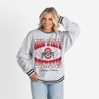 Women's Gameday Couture Ash Ohio State Buckeyes Oversized Fade Route Ringer Stripe Sweatshirt