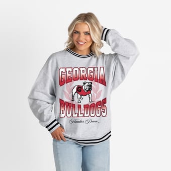 Women's Gameday Couture Ash Georgia Bulldogs Oversized Fade Route Ringer Stripe Sweatshirt