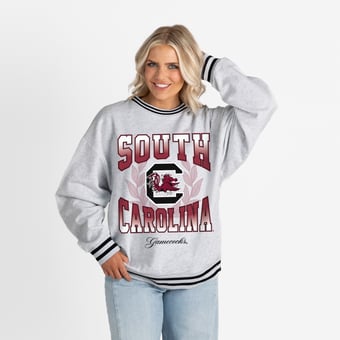 Women's Gameday Couture Ash South Carolina Gamecocks Oversized Fade Route Ringer Stripe Sweatshirt