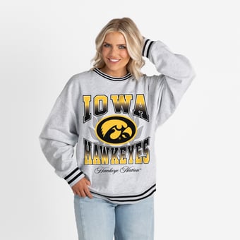 Women's Gameday Couture Ash Iowa Hawkeyes Oversized Fade Route Ringer Stripe Sweatshirt