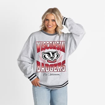 Women's Gameday Couture Ash Wisconsin Badgers Oversized Fade Route Ringer Stripe Sweatshirt