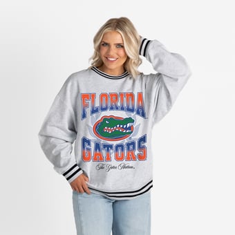 Women's Gameday Couture Ash Florida Gators Oversized Fade Route Ringer Stripe Sweatshirt
