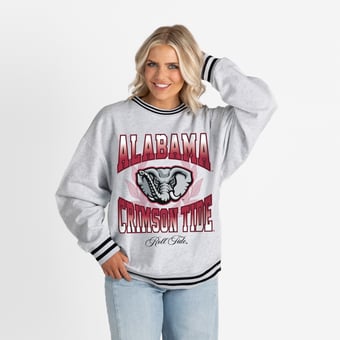 Women's Gameday Couture Ash Alabama Crimson Tide Oversized Fade Route Ringer Stripe Sweatshirt