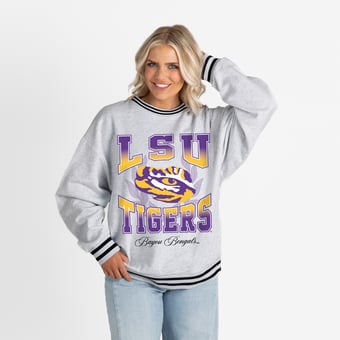 Women's Gameday Couture Ash LSU Tigers Oversized Fade Route Ringer Stripe Sweatshirt