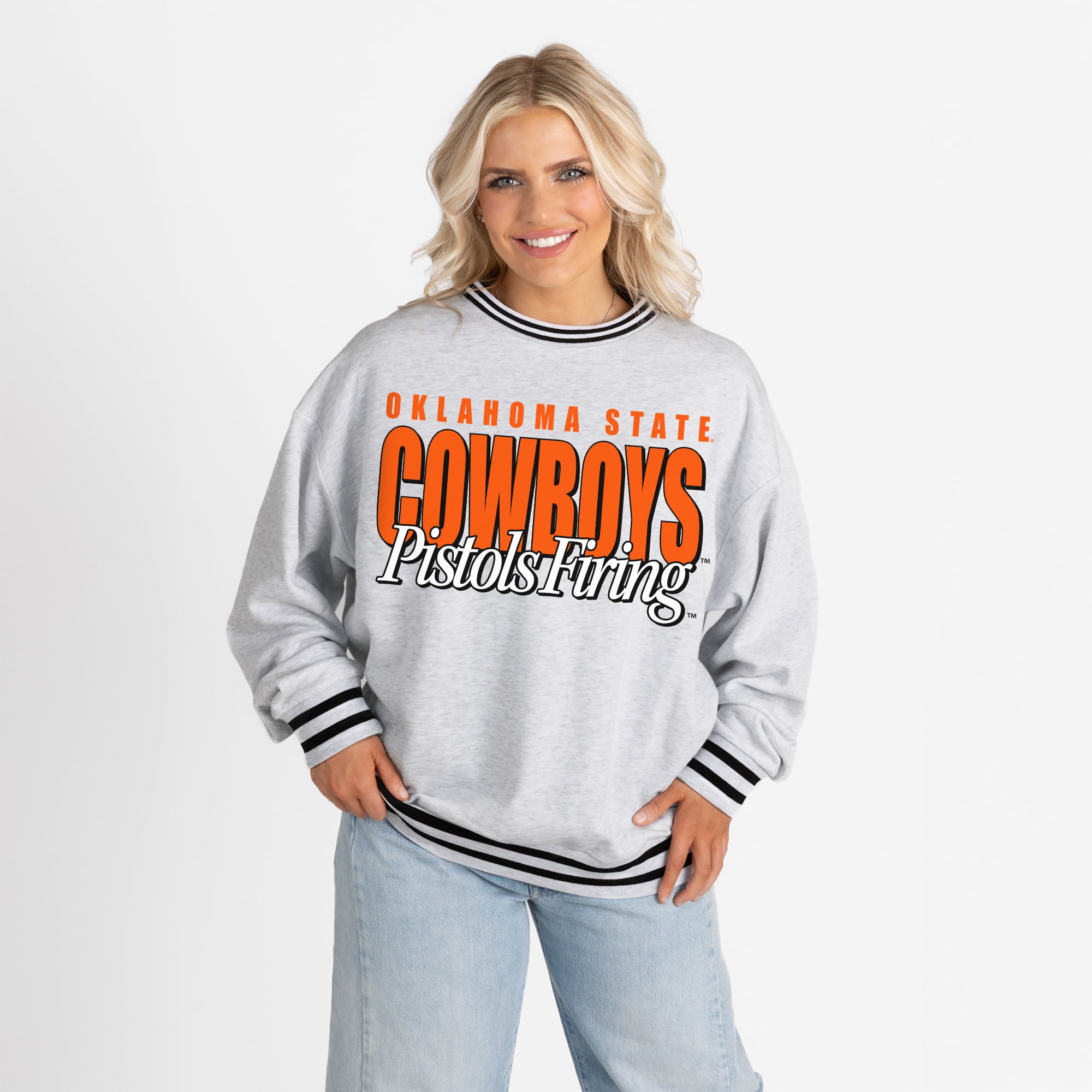 Women's Gameday Couture Gray Oklahoma State Cowboys Oversized Showdown Ringer Stripe Sweatshirt