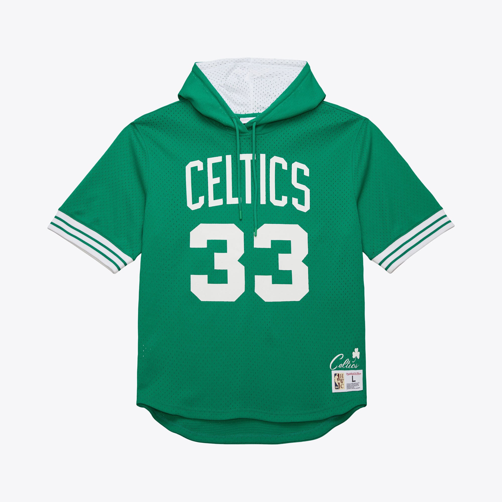 Men's Mitchell & Ness Larry Bird Kelly Green Boston Celtics Mesh Name & Number Short Sleeve Hoodie