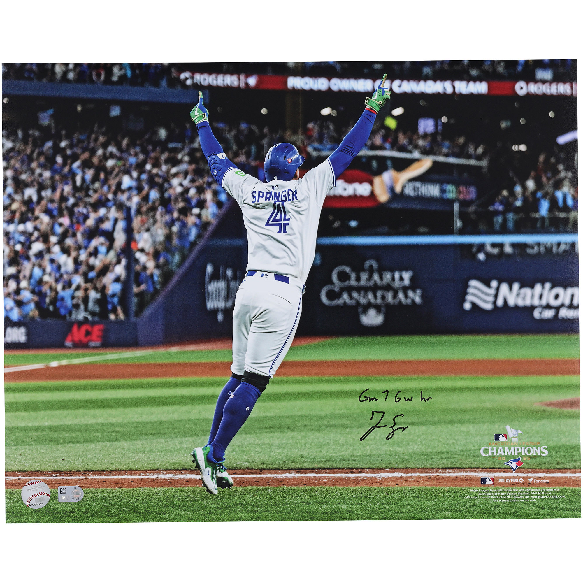 George Springer Toronto Blue Jays Autographed 16" x 20" 2025 ALCS Game 7 Game-Winning Home Run Photograph with "GM 7 GW HR" Inscription