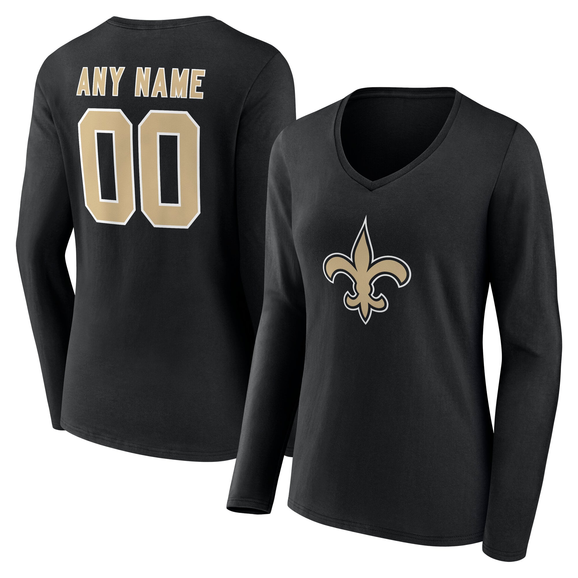Women's Black New Orleans Saints Team Authentic Personalized Name & Number Long Sleeve V-Neck T-Shirt